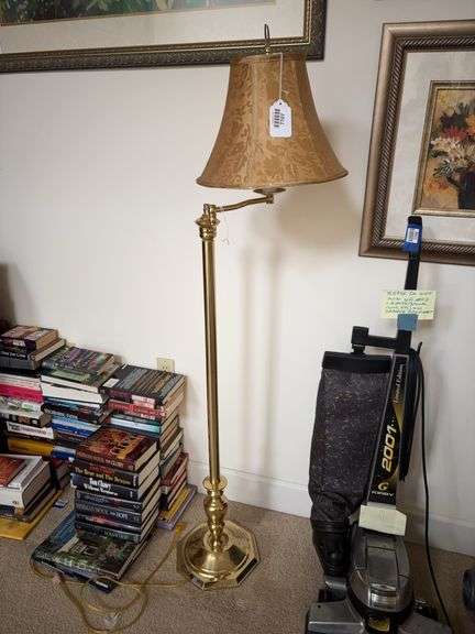 Brass tone swivel floor lamp w/ gold fabric shade 57in tall