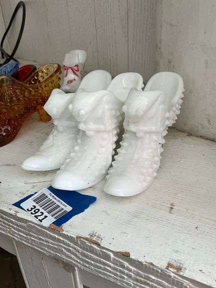Three Fenton glass cat in shoes: milk glass