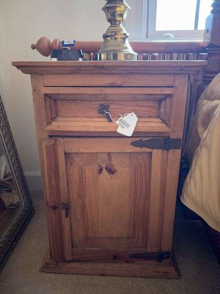 Pair of pine end stands w/ wrought metal hardware - by the pc take two - no contents 20x16x28