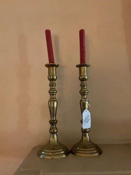 Pair of brass candlesticks, w/ candles