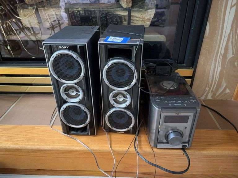 JVC CD/alarm clock and pair of Sony speakers