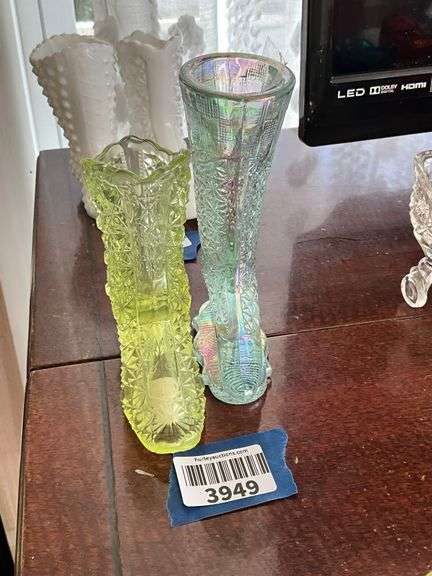 Two Daisy & Button glass boots: vaseline, pale blue iridescent