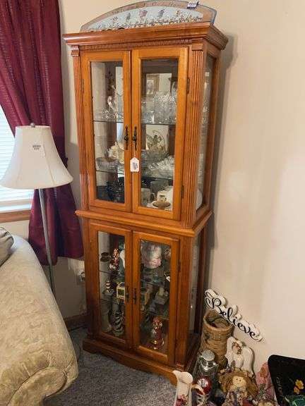 Lighted curio cabinet w/ mirrored back, glass shelves - no contents 27.25x13.75x72 - MUST COME DURING LAST 2 HOURS OF PICKUP FOR THIS ITEM