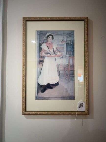 Carl Larsson print, Martina Carrying Breakfast on a tray, framed 16x24