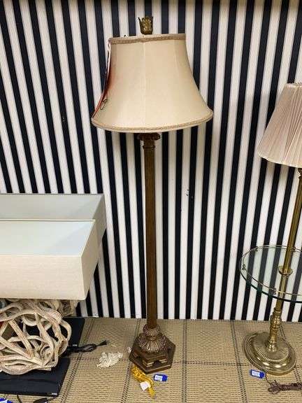 Antiqued brass tone floor lamp w/ fabric shade 64”