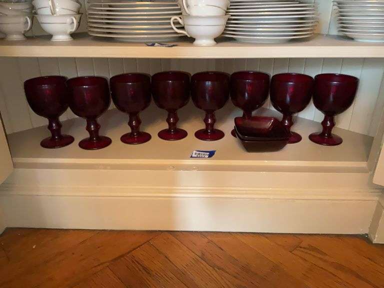 Contents of shelf: eight ruby glass goblets, and two Royal Ruby square dishes