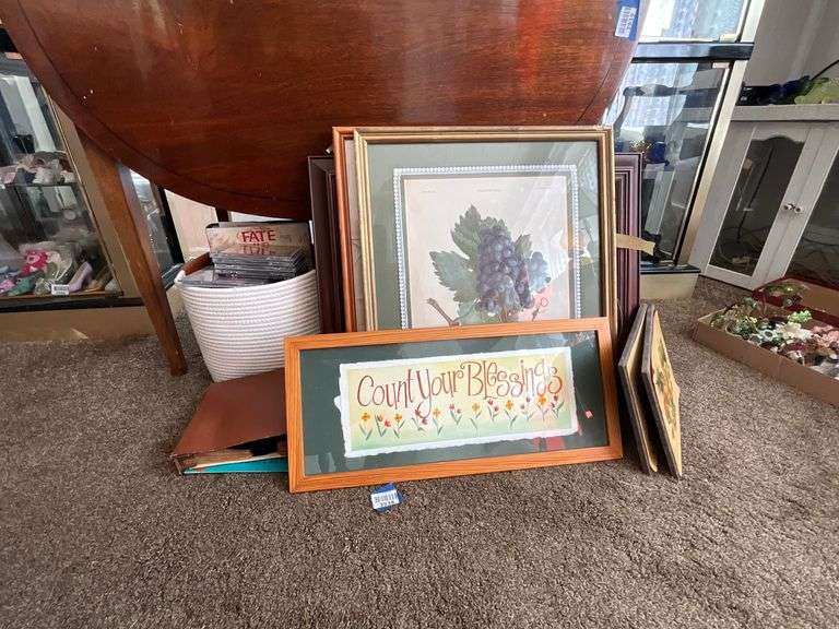 Framed prints including Victorian girl w/ dog, and music CD lot