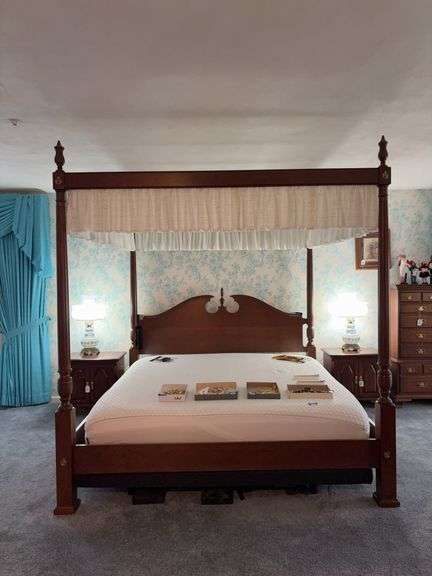 Sven & Son adjustable tester bed w/ hand control, manual, mattress, and bed hangings - no other contents 81x89x90