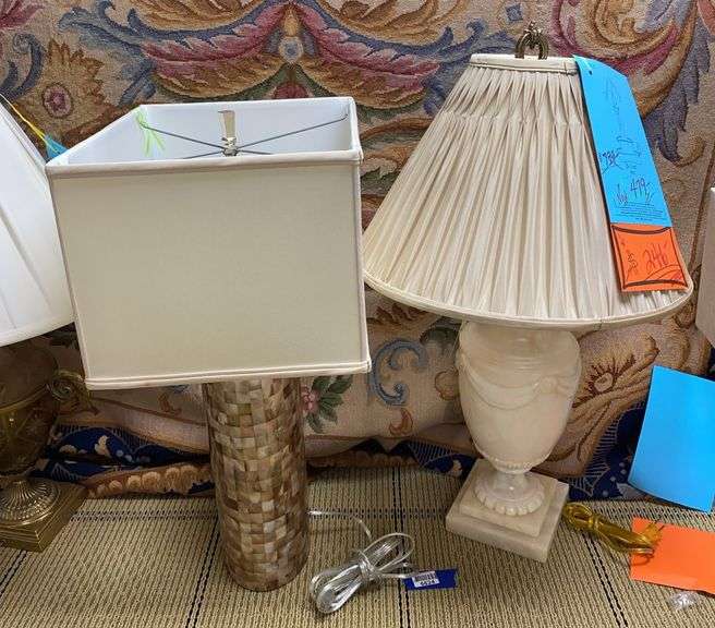 Two table lamps w/ shades: mother-of-pearl, and alabaster27” and 32”