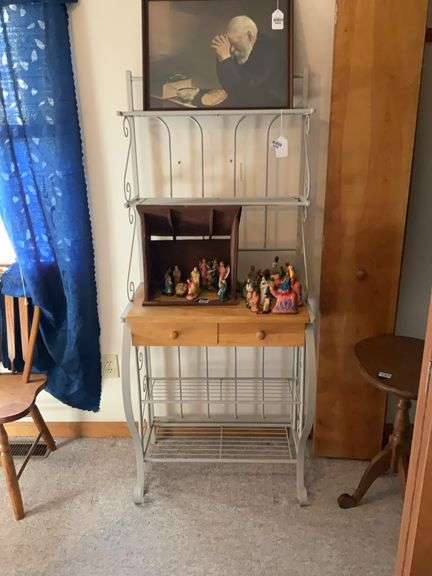 5-tier metal baker's rack w/ wooden counter and drawers - no contents 27.5x66.5x17