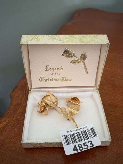Legend of the Christmas Rose pin and earrings set, in box
