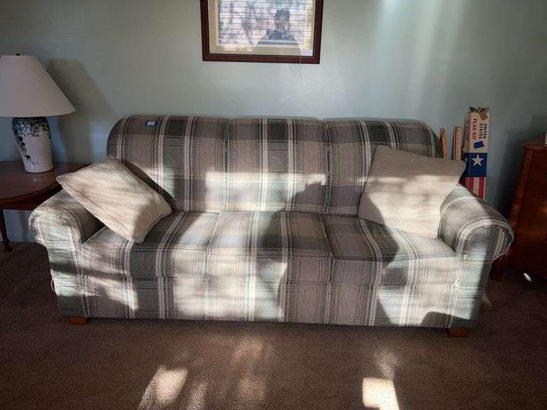 Gray plaid sofa w/ two throw pillows84x36