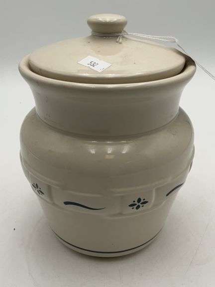 Longaberger pottery medium canister with lids blue trim