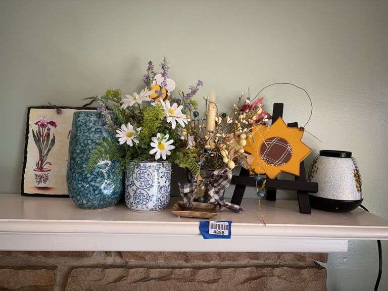 Wax warmer, electric candle lamp, faux flowers, vases, slate plaque