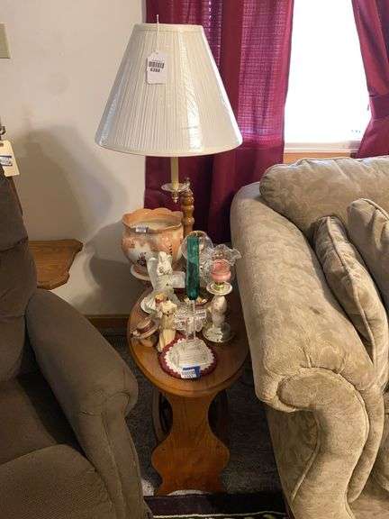 Oak combination swivel floor lamp/stand/magazine rack w/ shade - no contents