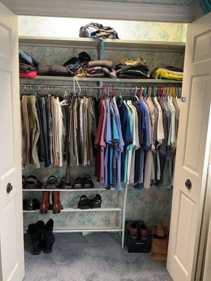 Contents of closet: men's clothing and shoes, shoe sz: between 8-8.5. Clothes mainly size medium