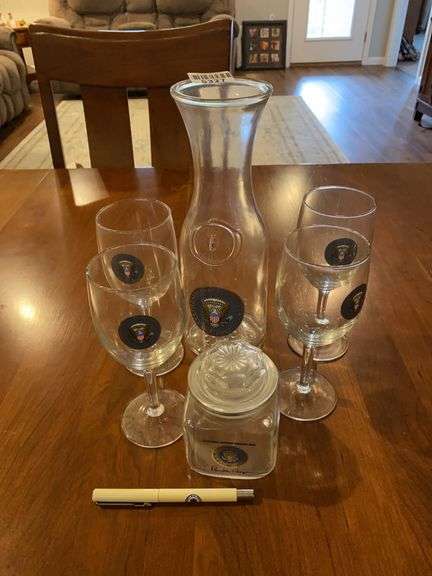Ronald Reagan Marine One candy jar, Camp David/ Presidential Retreat carafe and stemware, POTUS pen