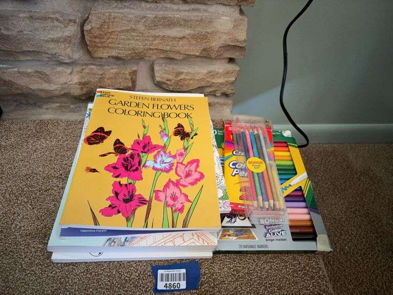 Adult coloring books, colored pencils, markers