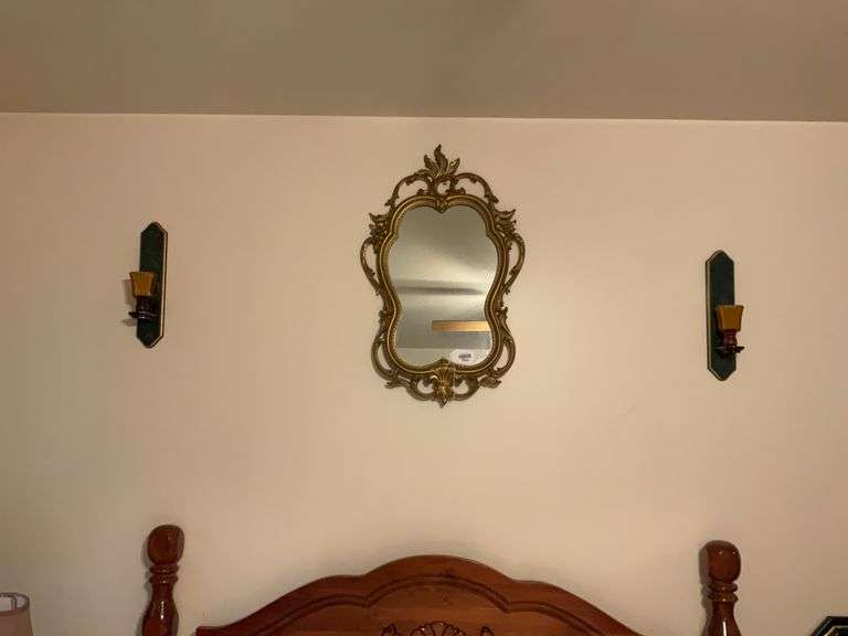Rococo gilt framed mirror and pair of candle wall sconces