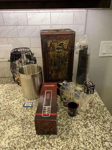 Electric wine opener, corkscrews, shot glasses, wine bottle stopper, decorative wine bottle box, misc