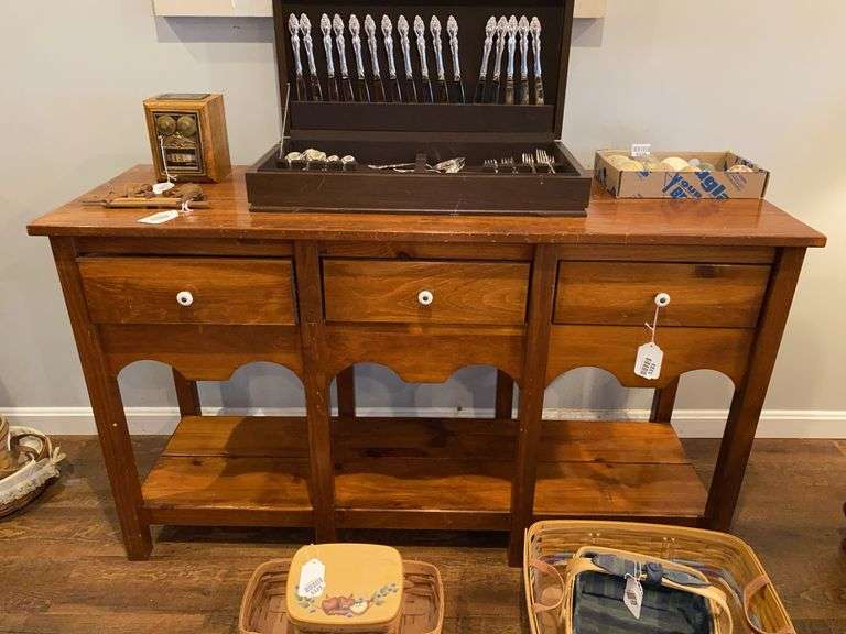 2-tier side table w/ drawers, porcelain knobs - no contents 51x17.5x30