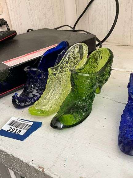 Three glass shoes: cobalt blue, vaseline, green