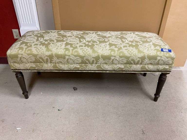 Damask upholstered bench w/ tack head trim 52x19x21