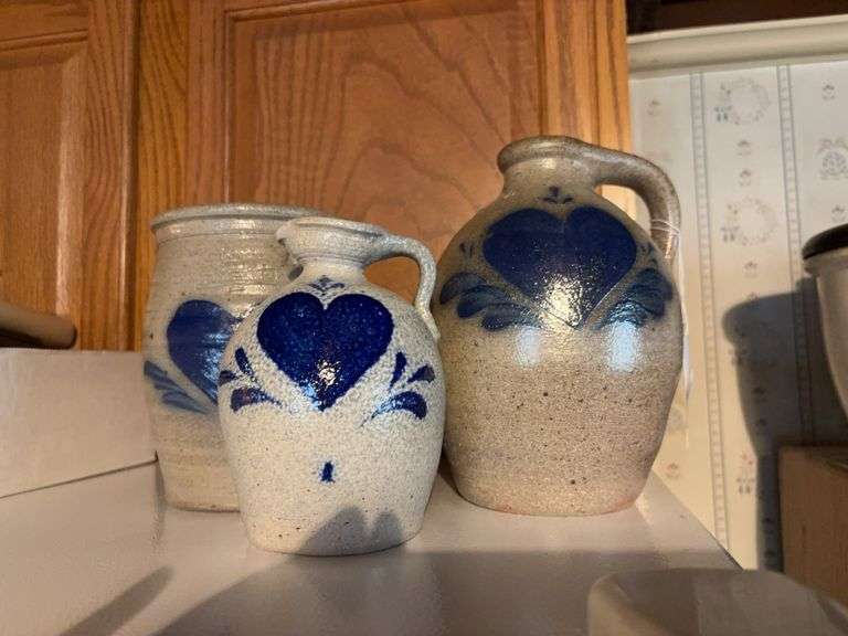 Modern stoneware crock and two jugs w/ cobalt heart decor