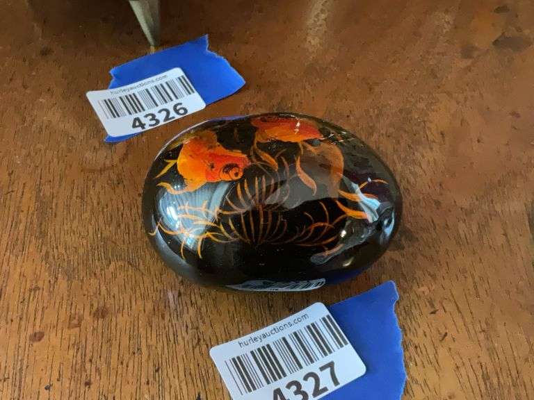 Lacquered stone paperweight w/ koi fish