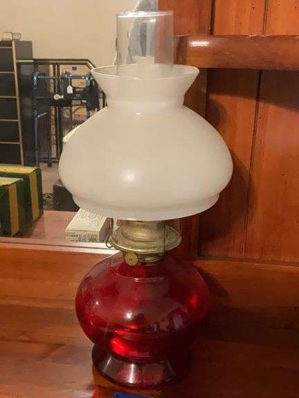 Glass oil lamp w/ red base and white shade
