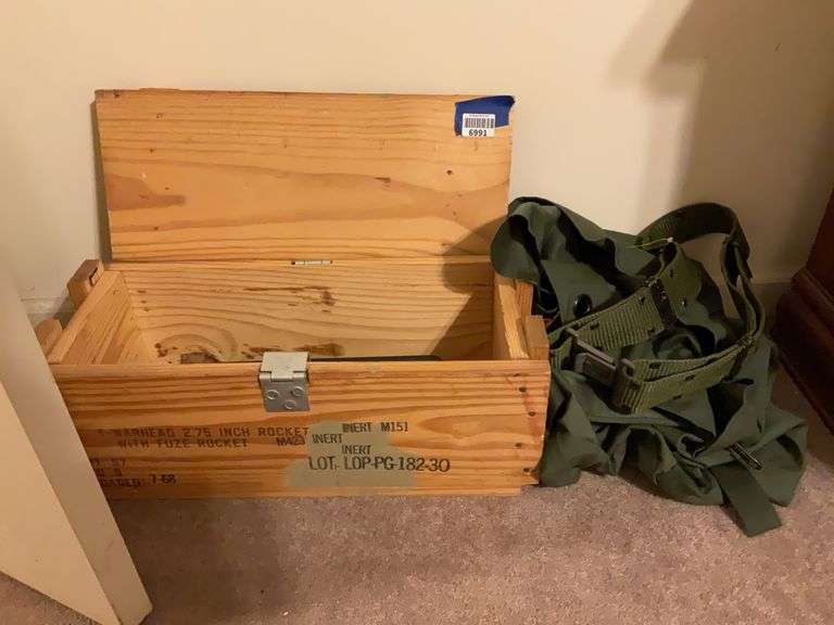 Wooden ammo crate, and Army bag