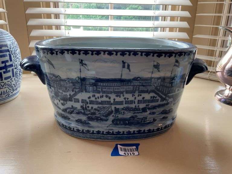 Blue & white porcelain Canton Harbor fish bowl