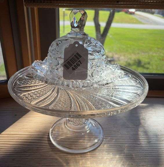 Semi-cut glass butter dish, and Feather pattern glass cakestand