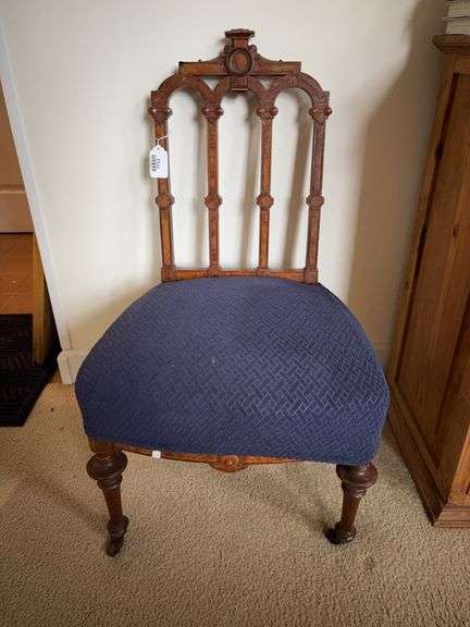 Renaissance Revival side chair w/ triple arched back, trumpet legs, upholstered seat