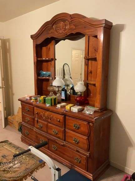 Dresser w/ carved shell & scrolls, step back mirror & shelves unit - no contents 63 x 18 x 85 - MUST COME DURING LAST 2 HOURS OF PICKUP FOR THIS ITEM