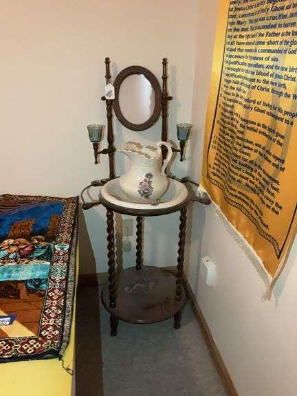 Reproduction washstand w/ candle brackets, ceramic bowl & pitcher