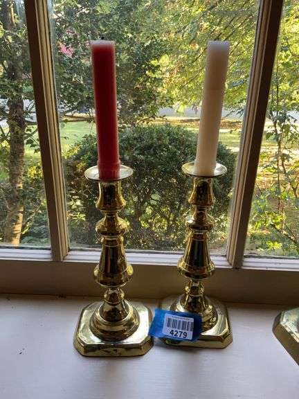 Pair of brass candlesticks, w/ candles