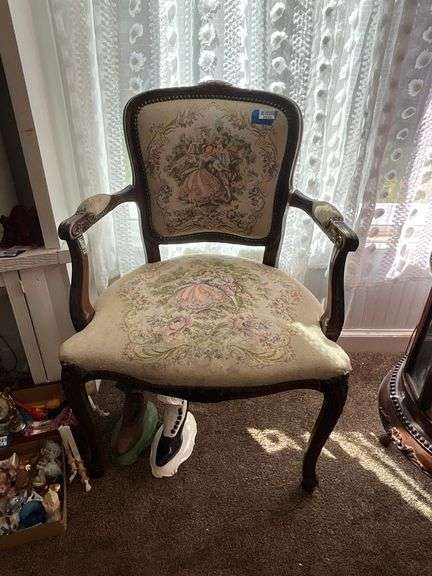 Rococo Revival open arm chair w/ tapestry upholstery
