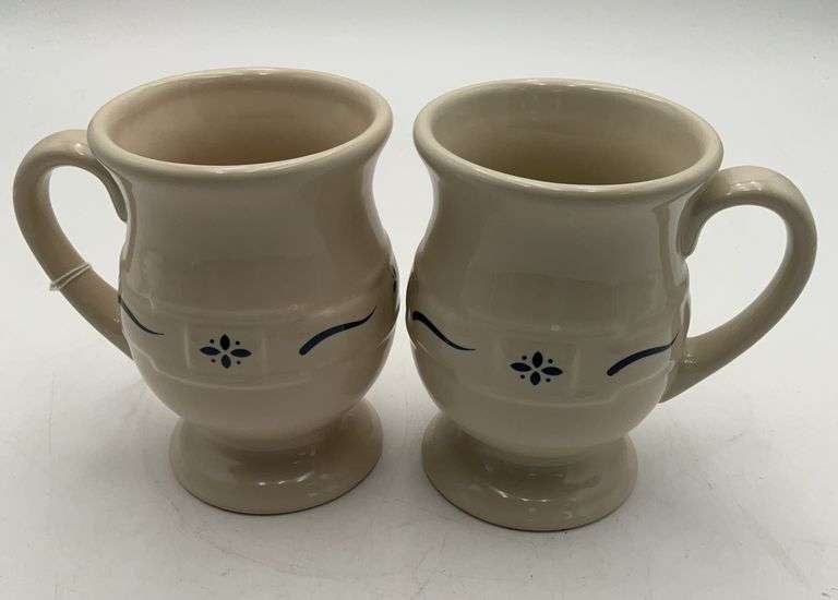 Longaberger pottery 2 tall coffee mugs blue trim