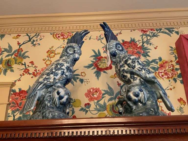 Pair of blue & white porcelain cockatoo figures