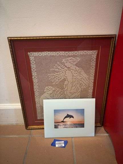 Filet crochet panel and dolphin photograph, framed 16x18, 7x9