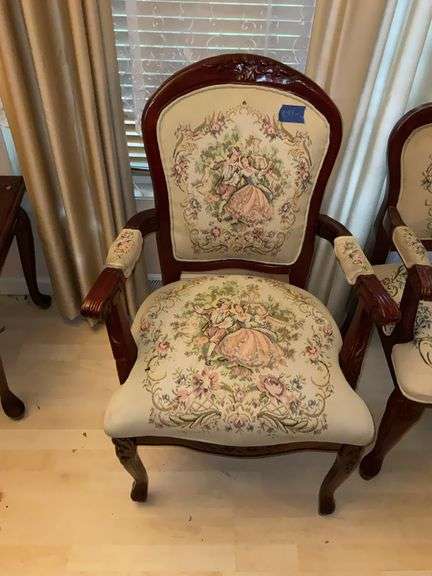 Pair of Louis XV open arm chairs w/ tapestry upholstery - by the piece take 2