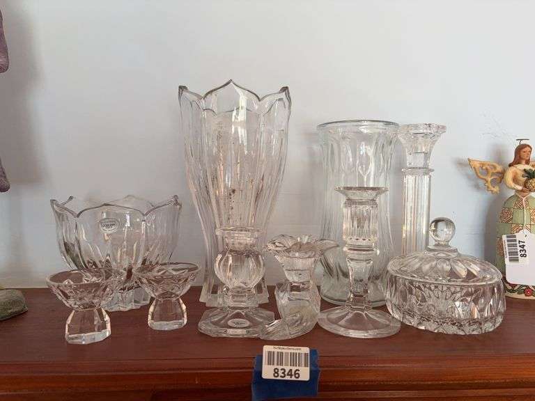 Crystal vases, candleholders and candy dish including Gorham crystal