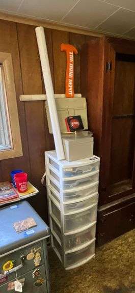 Plastic storage drawer unit w/ office/misc contents, storage boxes, Easy button, misc