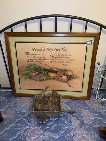 Framed print and small wooden wagon