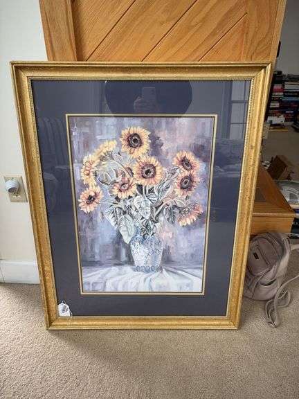 Warnock Farmer print, vase of sunflowers, framed 29.5x37.5
