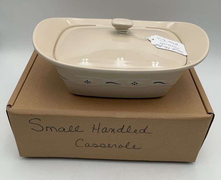 Longaberger Pottery small handled casserole, blue trim