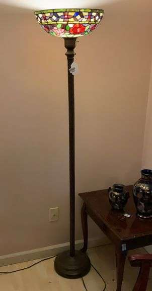 Torchiere floor lamp w/ floral leaded glass shade 69 inches tall