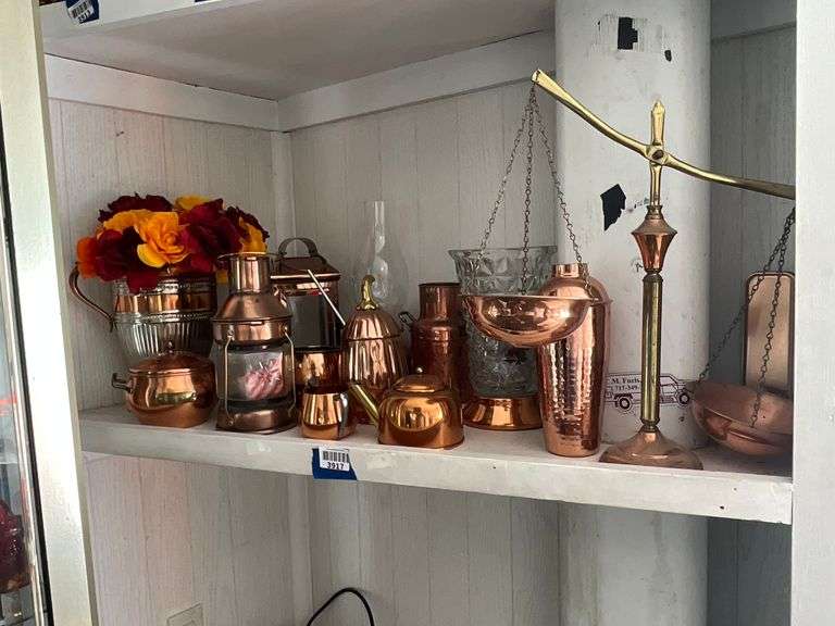 Copperware lot including: balance scale, teakettle, lanterns