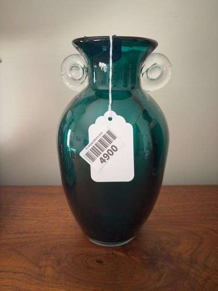 Teal art glass vase w/ clear handles